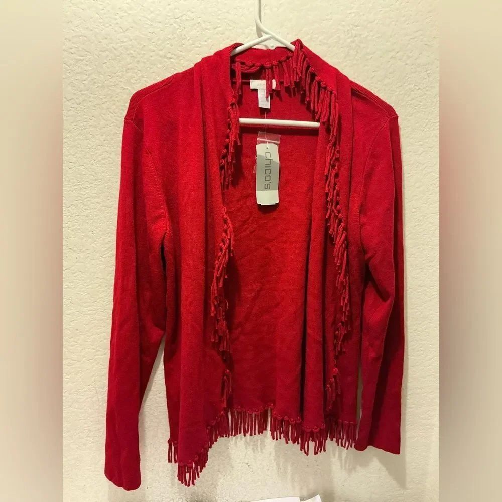 NWT Chico's Sweater Cardigan Open Front red Womens Size 1 Long Sleeve Fringe